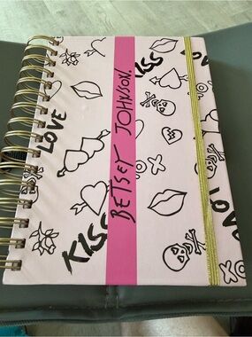 Betsey Johnson Pink Doodle Spiral Notebook with Gold Elastic Band